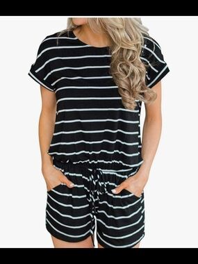 Anrabess Black & White Striped Short Sleeve Romper
